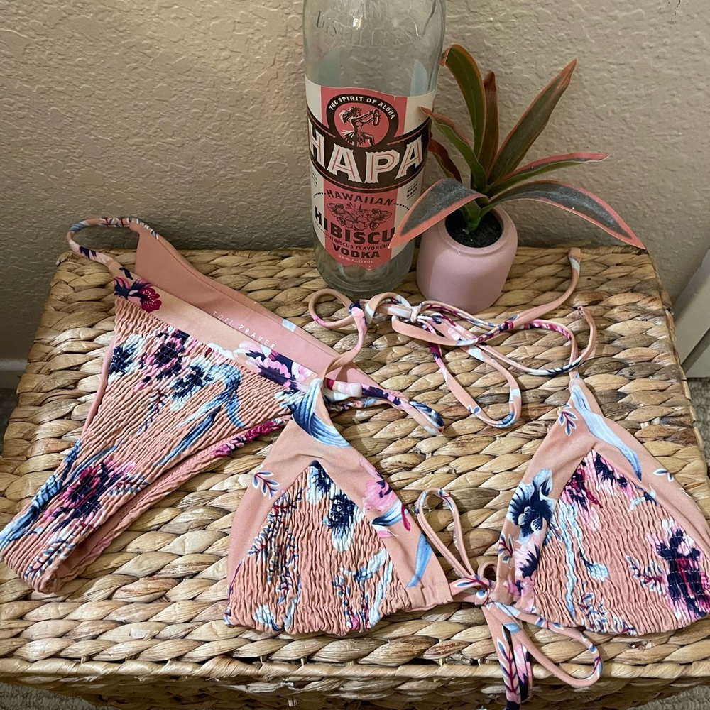 Tori Praver Swimwear Peach Floral Smocked Triangle Bikini